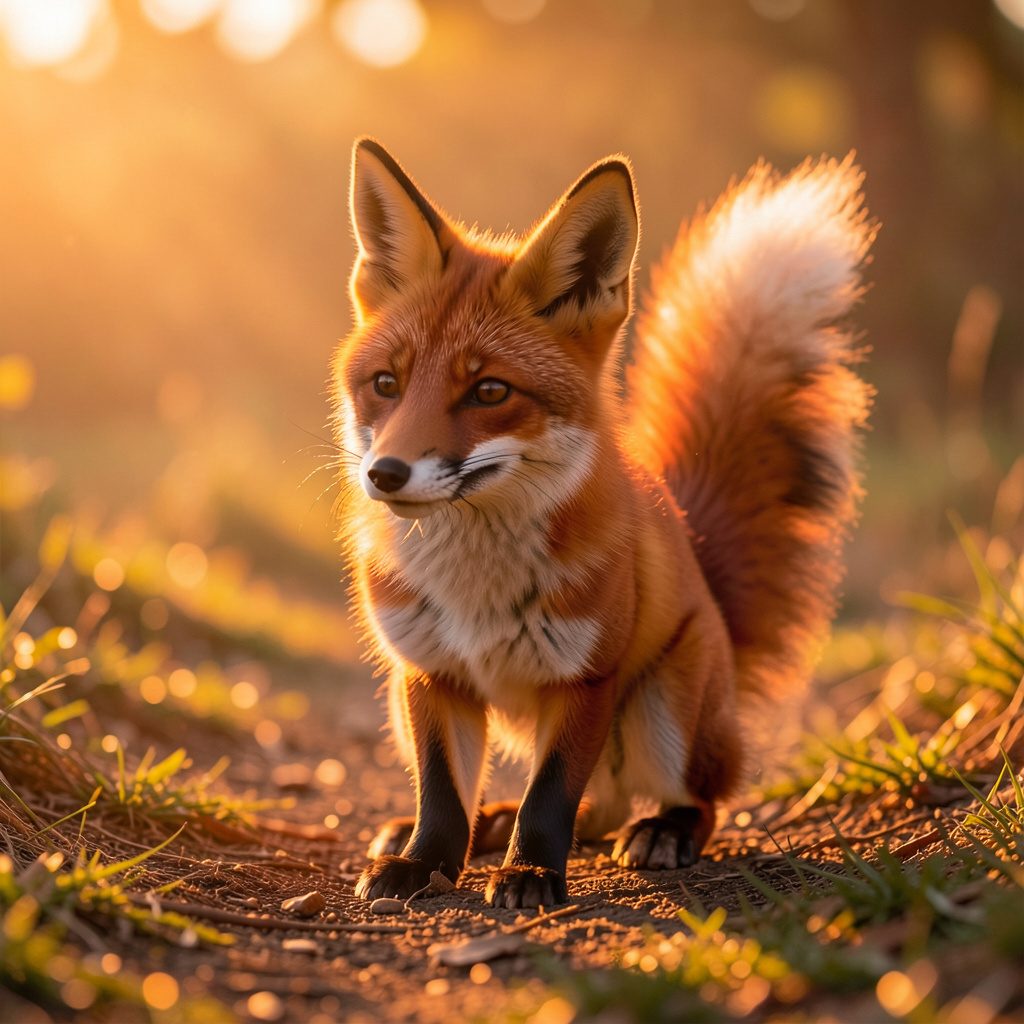 A playful orange fox character mid-leap against a dark gradient background, warm golden light catching its fur, conveying speed and agility.
