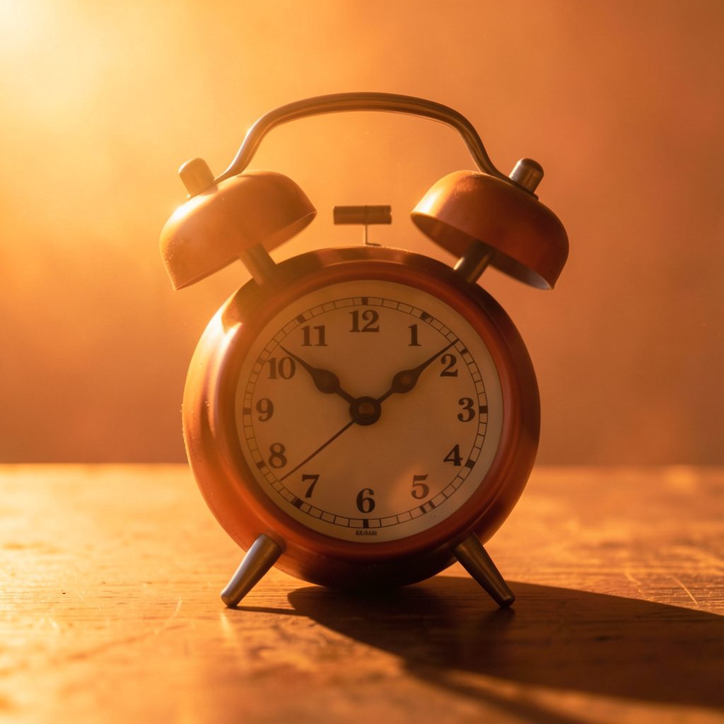 Quirky alarm clock interface glowing orange against a dark background, warm amber light suggesting early morning