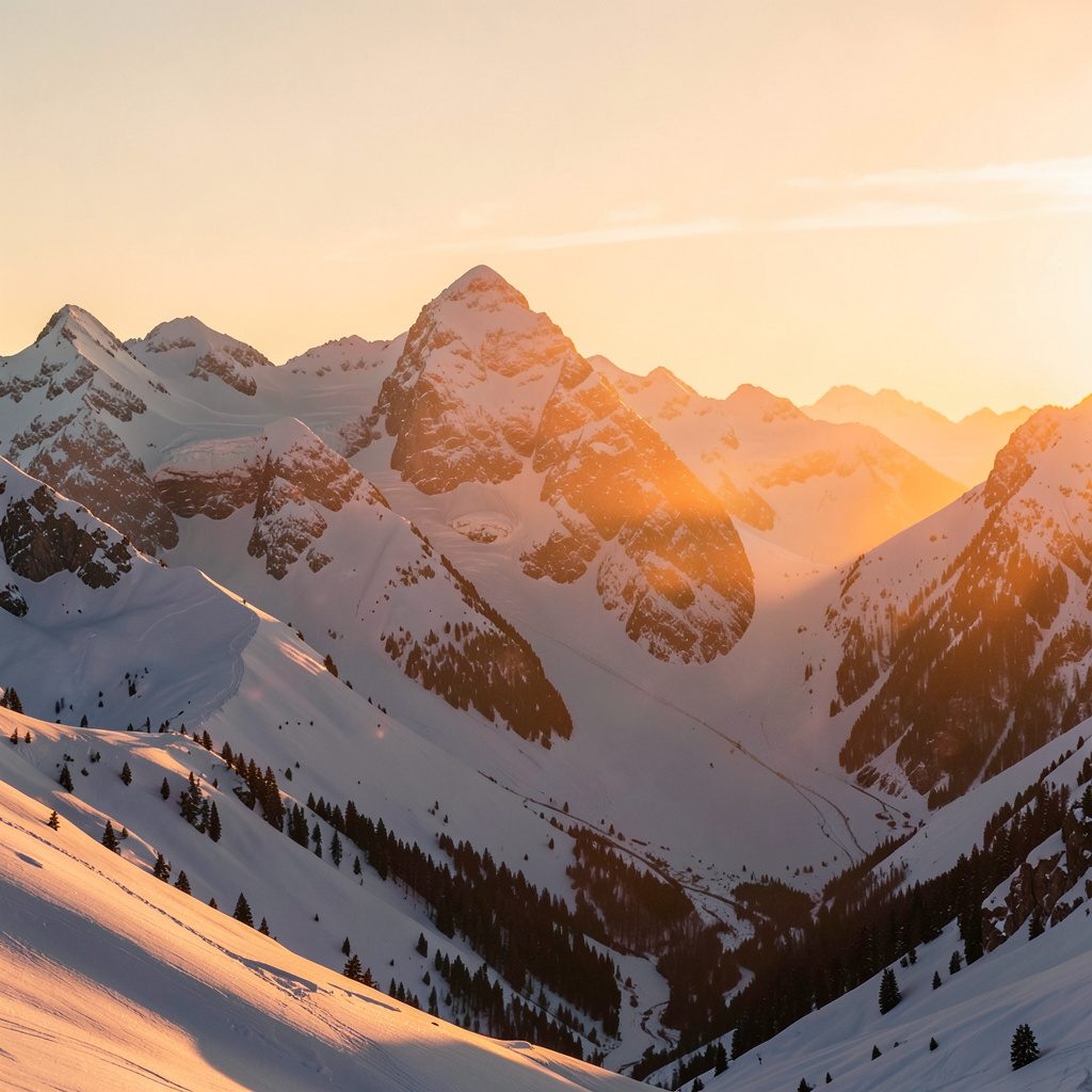 Snow-capped mountain peak in golden alpine light, warm amber glow on the summit against a deep blue sky