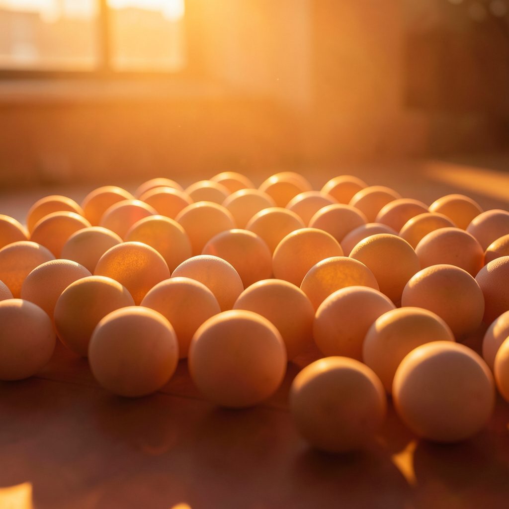 One hundred ping pong balls scattered across a dark surface, warm golden-hour light creating soft highlights