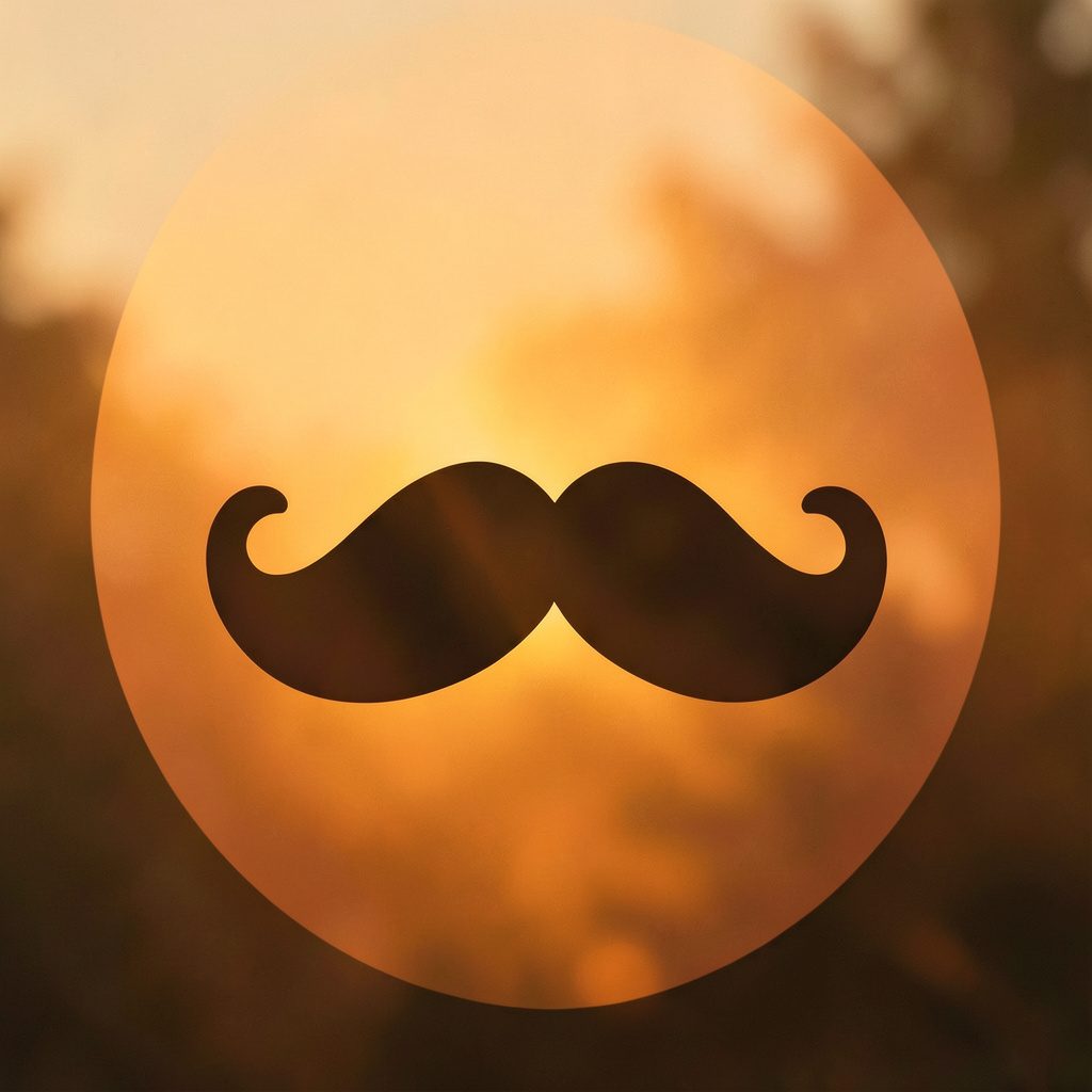 Mustache Bash app icon on a dark background, warm orange and charcoal tones