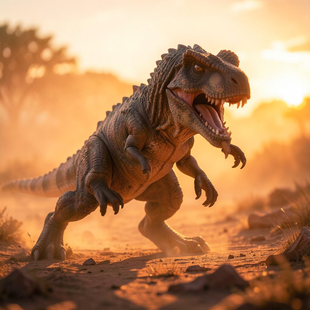 Dynamic 3D dinosaur battle scene with dramatic golden-hour lighting, warm earth tones and deep shadows